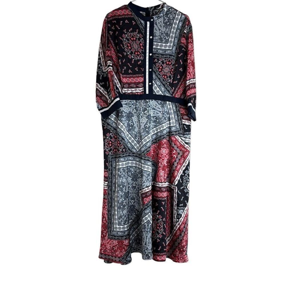 Shein Curve 3XL Black Red Bandana Paisley Print‎ Boho Long Sleeve Maxi Dress